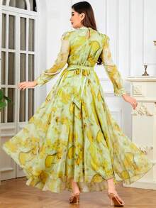 女式立领随机花卉印花，珍珠饰边袖口，系腰带优雅长袖连衣裙，奶油黄色 - 黃色 - 查看 2