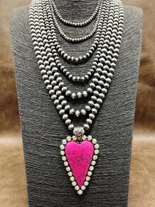 1buc la modă Retro Western Country Style Pink Stone CCB Cu margele În formă de inimă Colier pandantiv, Stil 7 straturi cu margele, potrivit pentru femei și fete pentru a se potrivi cu ținuta de zi cu zi, accesorii de petrecere, bijuterii, cadou pentru familie/prieteni/dvs.