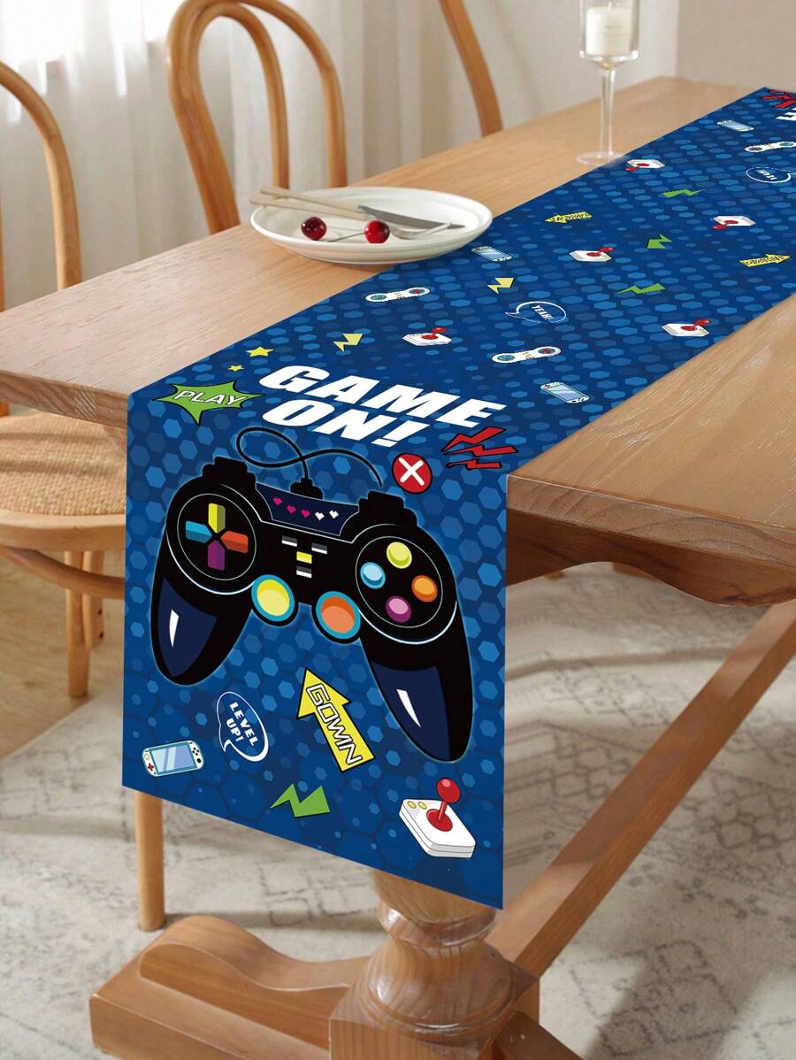 1 pezzo Tappeto da tavolo a tema gaming blu, tovaglia in poliestere, adatto per decorazione festa a tema gaming, regalo di compleanno, decorazione tavolo da pranzo, decorazione casa, decorazione cucina - console di gioco blu - Visualizzare 1