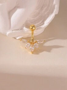 1pc 18K Stainless Steel 5-Petal Flower Zirconia Navel Piercing Ring, Elegant Design Suitable For Women's Everyday Wear - Gold - View 1