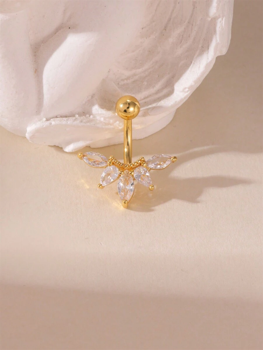 1pc 18K Stainless Steel 5-Petal Flower Zirconia Navel Piercing Ring, Elegant Design Suitable For Women's Everyday Wear - Gold - View 1