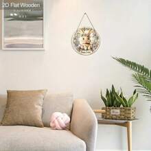 经典复活节兔子花环 - 7.87x7.87 英寸圆形木质墙饰，春季和节日农舍门和门廊装饰，由木材制成，无需电力 - 彩色 - 查看 4