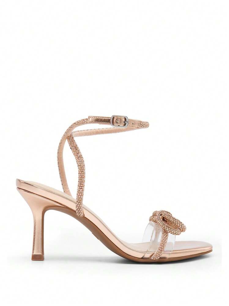 Women Double Bowknots Heeled Sandals Open Square Toe Ankle Strap Crystal Rhinestone Dress Sandals For Party Wedding - 香檳色 - 查看 4
