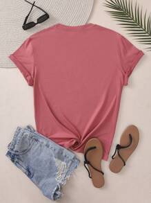 Letter Printed T-Shirt, Short Sleeved Round Neck Casual Top, Spring And Summer Casual Women's Clothing - 酒紅色 - 查看 2