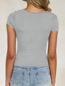 Vaiaye Women's Solid Color Knit Square Neck Sexy Slim Fit Y2K Short Sleeve T-Shirt, Spring/Summer Activewear Top, Suitable For Valentine's Day - Gray - View 11