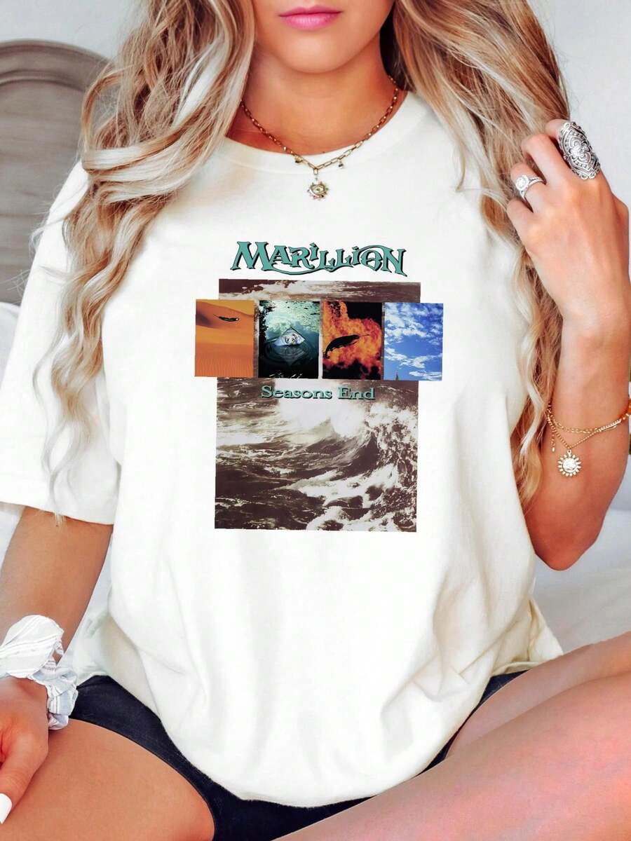 100% Cotton Marillion T Shirt Seasons End Progressive Rock Band Men's Extra Large Casual Slightly Print Round Neck Short Sleeve Unisex Breathable Stretched Comfortable Stylish Designer Clothes For Women Soft Versatile Graphic Homme Summer Streetwear Fashion Top For Everyday Wear - 白色 - 查看 1