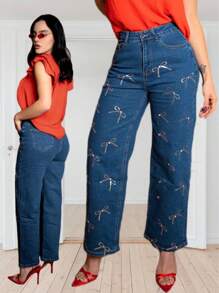 Jeans Strech con Moños y Brillos - Azul lavado oscuro - Ver 3