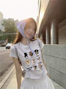 新品女式可爱小狗图案短袖 T 恤，独特设计 T 恤，春夏 - 白色 - 查看 4
