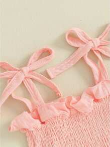Toddler Baby Girl Summer Clothes Cotton Linen Sleeveless Ruffle Smocked Strap Top Lace Pants 2Pcs Outfit - 粉色 - 查看 3
