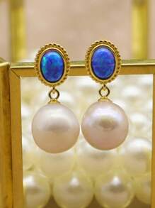 Stylever 1 对时尚珍珠吊坠耳钉，女士 S925 纯银精美珠宝，适合日常佩戴，百搭，可搭配各种服装，非常适合约会和派对装饰 - 金色 - 查看 3