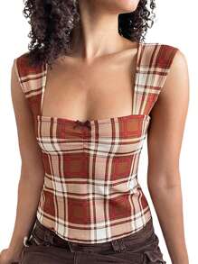 Women's Square Neck Tank Tops Classic Plaid/Stripes Print Slim Fit Sleeveless Vest Tops Summer Shirts - 棕色 - 查看 1