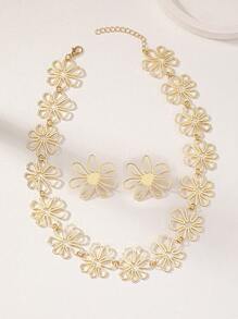 3 pièces Ensemble de bijoux Boucles d'oreilles à clous fleur en fil de métal doré, Collier ras-du-cou floral épais pour femmes