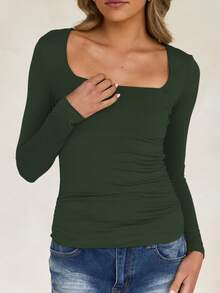 Vaiaye Damen Frühling/Sommer Y2K Quadratischer Ausschnitt Langarm Figurbetontes T-Shirt, einfarbiges sexy Top, geeignet für den Valentinstag - Armeegrün - Übersicht 7