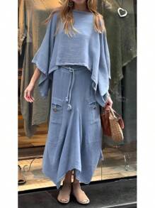 Womens 2 Piece Fall Outfits Oversized Batwing Long Sleeve Pullover Tops Lounge Irregular Maxi Skirt Sets With Pockets - 藍色 - 查看 1