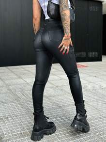 Y2K 高腰翻盖口袋侧边 PU 皮革弹力修身工装七分裤