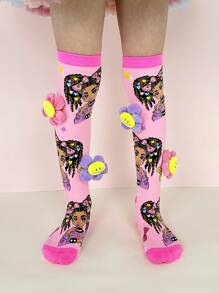 一双可爱的向日葵女童袜子，适合儿童及膝袜，适合日常夏季校园装扮和派对使用。 - 粉色 - 查看 1