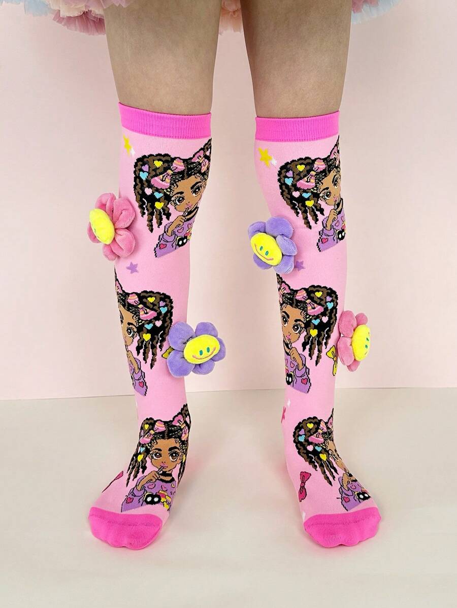 一双可爱的向日葵女童袜子，适合儿童及膝袜，适合日常夏季校园装扮和派对使用。 - 粉色 - 查看 1