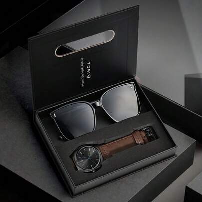  Đồng hồ nam TOMI Quartz kèm kính râm, thiết kế mặt số đơn giản thời trang có ngày, dây đeo bằng thép hợp kim kẽm, hộp quà tặng, phù hợp cho cuộc sống hàng ngày, hoạt động kinh doanh, ngày của cha, ngày lễ tình nhân