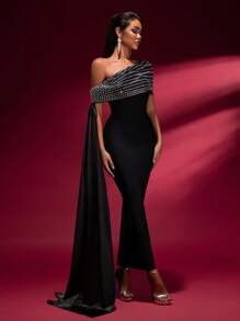 女士秋季串珠系带拼接露肩修身端庄长款晚礼服