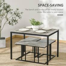 HOMCOM Dining Table And Chairs Set For 4 People, Concrete Effect Kitchen Table And Bench Set With Steel Frame, 4 Piece Dining Room Sets, Grey - Grey - View 5