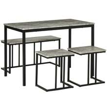 HOMCOM Dining Table And Chairs Set For 4 People, Concrete Effect Kitchen Table And Bench Set With Steel Frame, 4 Piece Dining Room Sets, Grey - Grey - View 2