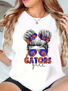 100% Cotton Gators Inspirational Funny Gators Girl Women Messy Bun T-Shirt Print Round Neck Short Sleeve T-Shirt For Women Casual, Summer, Women Top Graphic Tees Women Tops - 白色 - 查看 1