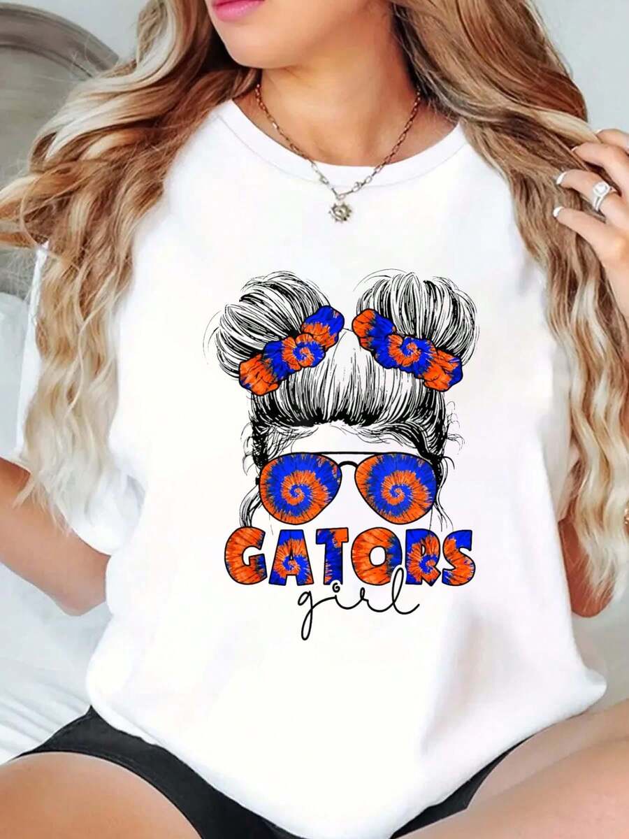 100% Cotton Gators Inspirational Funny Gators Girl Women Messy Bun T-Shirt Print Round Neck Short Sleeve T-Shirt For Women Casual, Summer, Women Top Graphic Tees Women Tops - 白色 - 查看 1