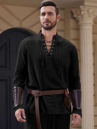 Medieval Viking Style Drawstring Long Sleeve Men's Shirt, Suitable For Festival & Evening Party