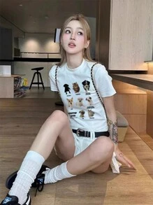 新品女式可爱小狗图案短袖 T 恤，独特设计 T 恤，春夏 - 白色 - 查看 5