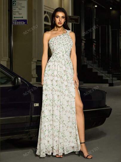 MOEVIO Women's Elegant One Shoulder Chiffon Ruched Pleated Floral Pattern Backless Long Bridesmaid Bridal Shower Wedding Guest Dress For Spring Summer Graduation Fairy Party