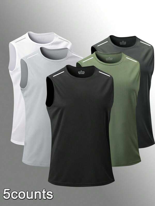 5pcs/Set Solid Color Hooded Short Sleeve Quick-Dry Breathable Gym Workout Pocket Training T-Shirts