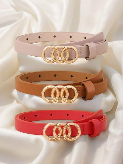 新到貨童裝3入組薄款三環扣設計pu革腰帶,適用於牛仔褲