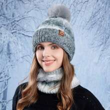 Women Winter Beanie Hat Circle Scarf Set Pompoms Peruvian Ski Snow Ear Flaps Sherpa Knit Hats Fleece Lined