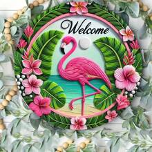 1pc 8x8 Inch Round Vintage Pink Flamingo Welcome Sign - Waterproof Metal Wreath Decor, Suitable For Porch And Home, Holes For Installation Gifts Birthday Graduation