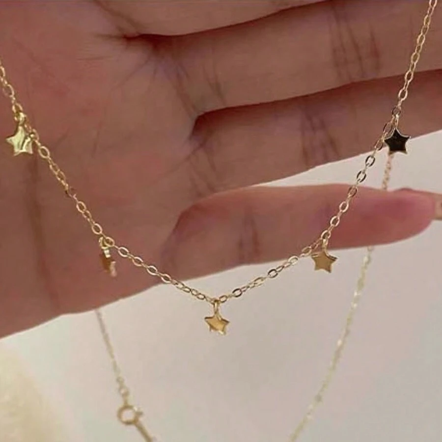 1pc S925 Sterling Silver Plated 14K Gold Necklace With Cute Mini Star Pendant, Delicate Minimalist Choker Necklace