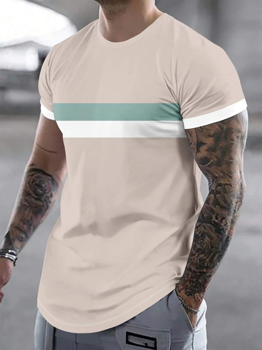 T-shirt à manches courtes à col rond, style patchwork minimaliste en blocs de couleurs, pour un port casual au quotidien