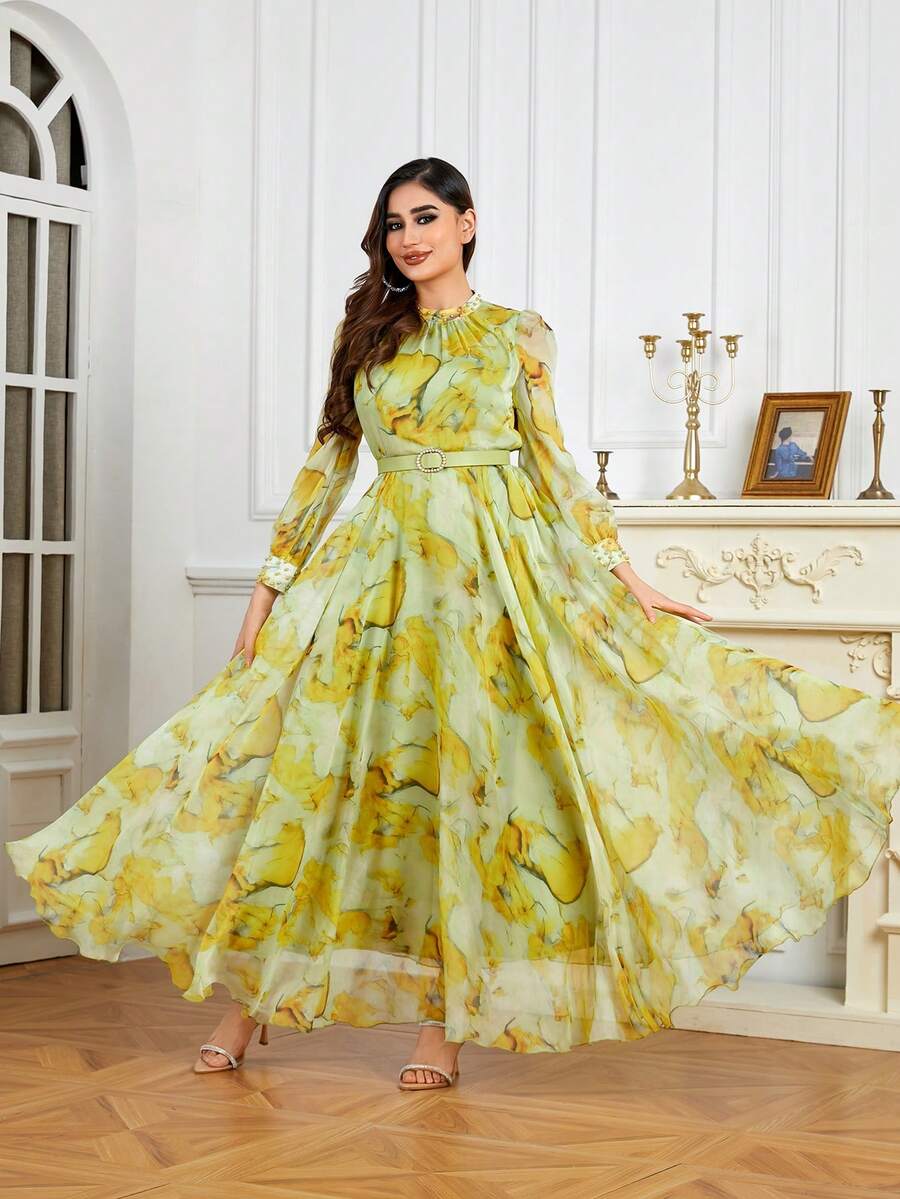 女式立领随机花卉印花，珍珠饰边袖口，系腰带优雅长袖连衣裙，奶油黄色 - 黃色 - 查看 1