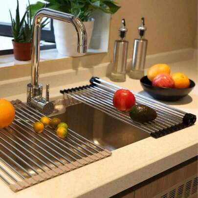 2pcsMultifunctional Kitchen Sink Dish Drainer Rack With DishDrying Mat, Foldable Stainless Steel Dish Drain Roll UpRack