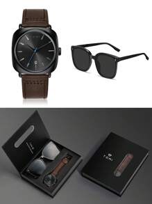 TOMI Quartz Men's Watch With Sunglasses, Stylish Simple Dial Design With Date, Zinc Alloy Steel Band, Gift Box Packaging, Suitable For Daily Life, Business Activities, Father's Day, Valentine's Day - Brown - View 2