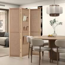 3-Panel Faux Linen Room Divider Folding Privacy Screen-Natural - Khaki - View 5