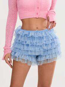 Women Lolita Bloomers Cute Bow Front Layered Ruffle Shorts Lace Pumpkin Tiered Micro Pants Sexy Boyshorts Layered Boy Bottoms Y2k Sweet Pettipants Elastic Boxer Briefs - 藍色 - 查看 1