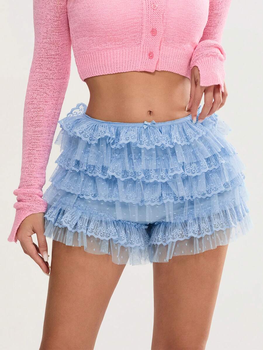 Women Lolita Bloomers Cute Bow Front Layered Ruffle Shorts Lace Pumpkin Tiered Micro Pants Sexy Boyshorts Layered Boy Bottoms Y2k Sweet Pettipants Elastic Boxer Briefs - 藍色 - 查看 1