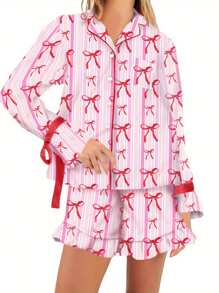 Women Matching Pajamas Bow Stripe Print Button Down Long Sleeve Lapel Tops Shorts Family Summer Sleepwear