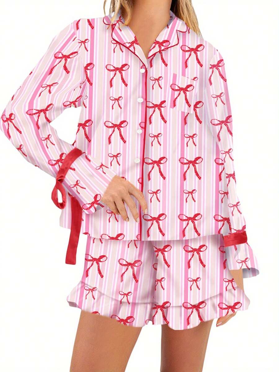 Women Matching Pajamas Bow Stripe Print Button Down Long Sleeve Lapel Tops Shorts Family Summer Sleepwear
