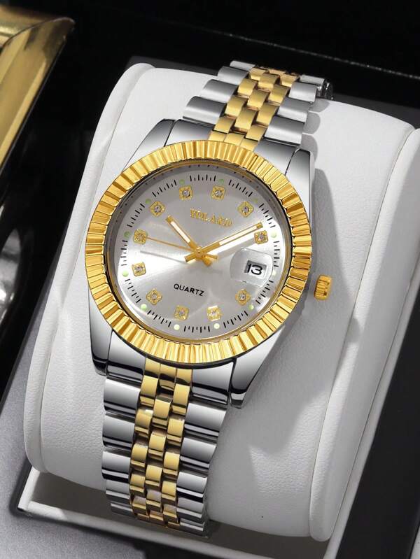 YOLAKO1 1pc Fashionable Versatile Business Date Calendar Diamond Bezel Stainless Steel Quartz Watch For Men