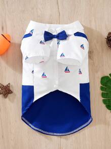 1 件海洋主题帆船全印花背带配绅士风格领结，适合小型/中型宠物的夏季衬衫 - 藍白色 - 查看 1