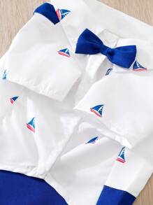 1 件海洋主题帆船全印花背带配绅士风格领结，适合小型/中型宠物的夏季衬衫 - 藍白色 - 查看 4