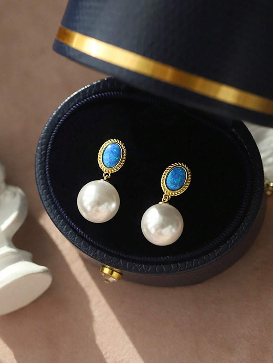 Stylever 1 对时尚珍珠吊坠耳钉，女士 S925 纯银精美珠宝，适合日常佩戴，百搭，可搭配各种服装，非常适合约会和派对装饰 - 金色 - 查看 1