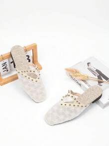 Green & Gold Decor Square Toe Slip-On Low Heel Flat Sandals For Women, Mesh Breathable Closed Toe Mules, Lace Net Fabric, Wear With Dresses, Casual Summer Slippers