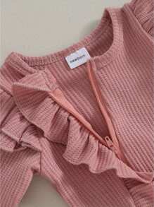 Mono de otoño para niña pequeña, color liso, cuello redondo, mangas voladoras, volantes, cremallera, mono con lazo en la cabeza - Rosa - Ver 5
